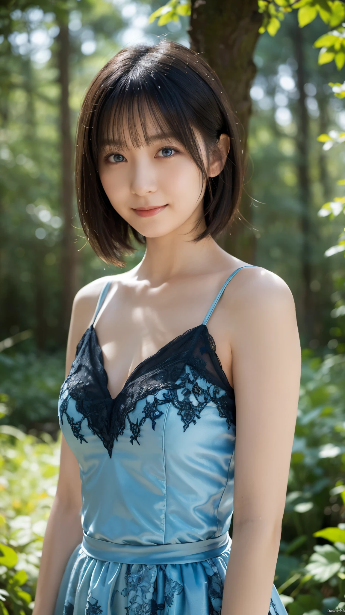 (highest quality,masterpiece:1.3,Ultra-high resolution),(Super detailed,Caustics,8k), (Photorealistic:1.4, RAW shooting),(A forest shrouded in a mysterious, dense fog),Sunlight filtering through the trees ,Light pours down,20-year-old,cute,Are standing,(smile),Looking into the camera,Iris,Short black hair,(Light Blue Dress), (Waist up shot),(Face Focus),Natural light