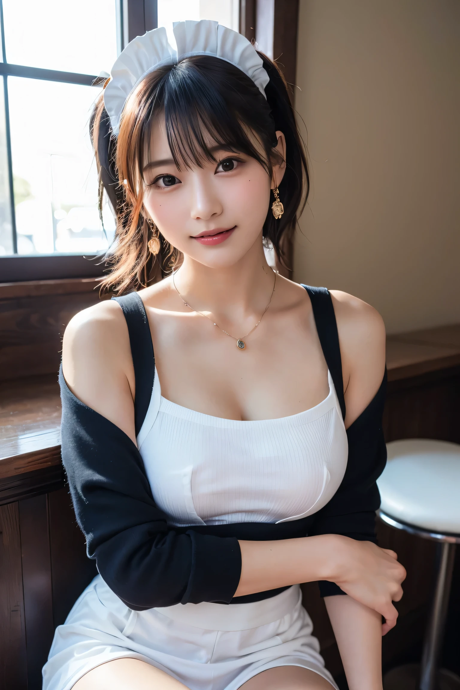 ((Upper Body:1.3))、((Maid:1.3)).delicate, masterpiece, Beautiful detailed, colorful, Fine detailed, detailed, detailed, Big Breasts, 1 female, (Beautiful 20 year old Korean woman: 1.1), (K-Pop Idols, Korean Mix), (50mm Sigma f/1.4 ZEISS Lenses, f1.4, 1/800s, ISO100, photograph: 1.1), (ponytail + blonde: 1.2), Realistic: 1.4), (spy: 1.2), (Dark blue open jacket, shirt, skirt, tie, Black Pantyhose, Christian Louboutin \ (brand\): 1.3), Earrings, necklace, Bracelet, (Shoulder strap: 1.2), (Beautiful feet, Tall Woman, skinny, Thin legs, Thigh Gap, model: 1.2), Lens flare, Happy smiling face from the front: 1.1), Dynamic pose, (make: 1.2), Sit on a bar stool, Nogizaka Idol, Korean Idol, actress, Idol Sculpture, Underarm, Arms crossed, Android