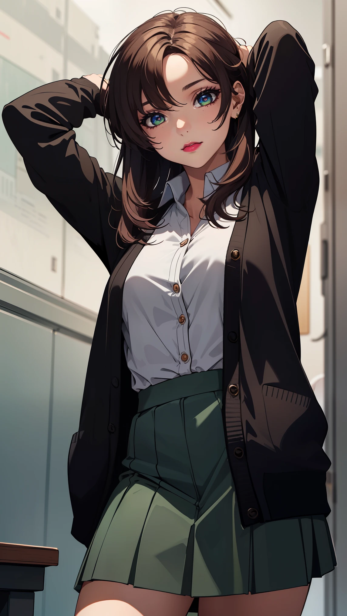 bangs,brown_hair, long_hair,red eyes,lipstick,makeup,
BREAK (green skirt, open cardigan, black cardigan:1.2)
BREAK (((arms behind head))), (((leaning back))), (((cowboy shot))),
BREAK (masterpiece:1.2), best quality, high resolution, unity 8k wallpaper, (illustration:0.8), (beautiful detailed eyes:1.6), extremely detailed face, perfect lighting, extremely detailed CG, (perfect hands, perfect anatomy),