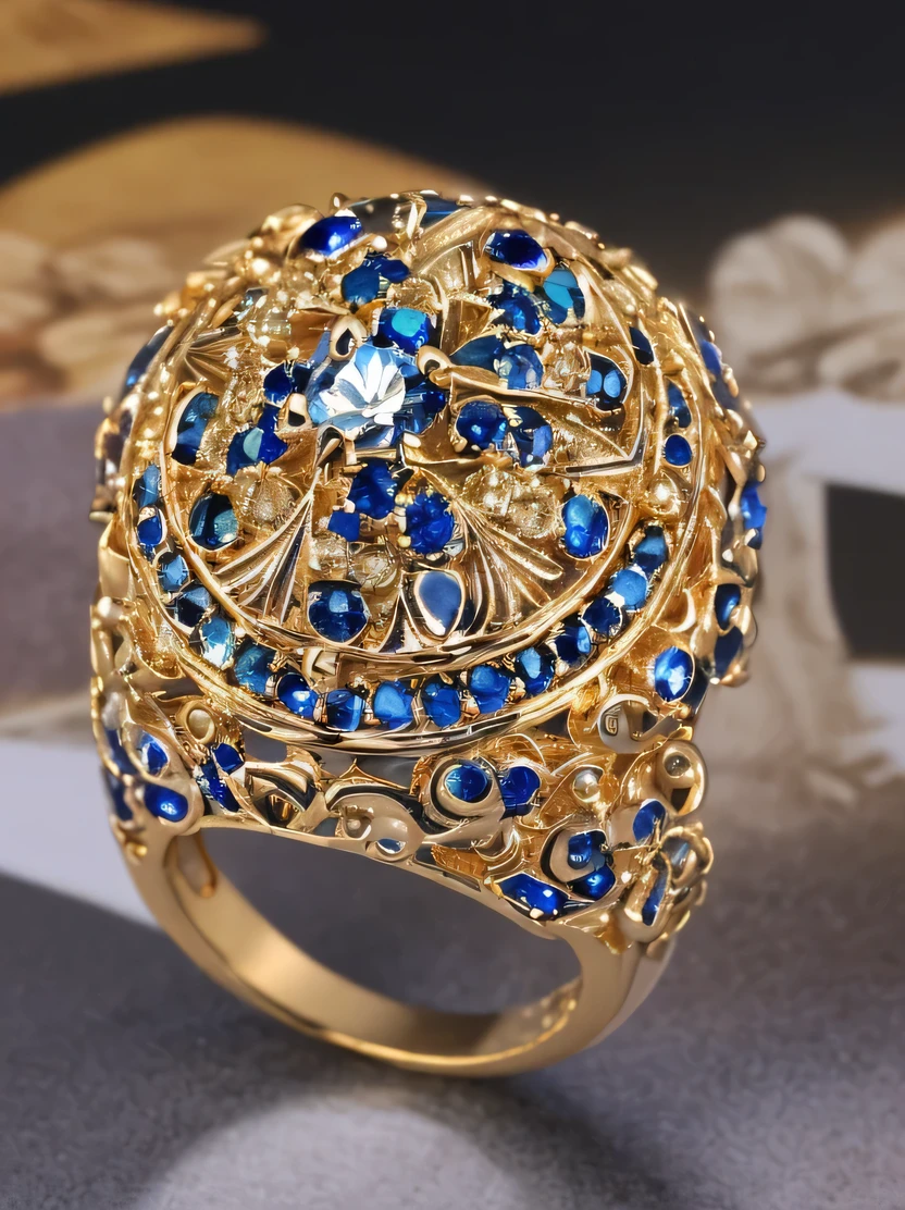 ((masterpiece、highest quality、Very detailed、High resolution、Photorealistic、Sharp focus、Cinema Lighting))、((There is no one))、One ring、Gold and silver rings、Blue Gem、Complex Pattern、Complex and unusual design、Sparkling sapphires decorate this enchanting ring、Beautiful color gradation、Background is marble table surface