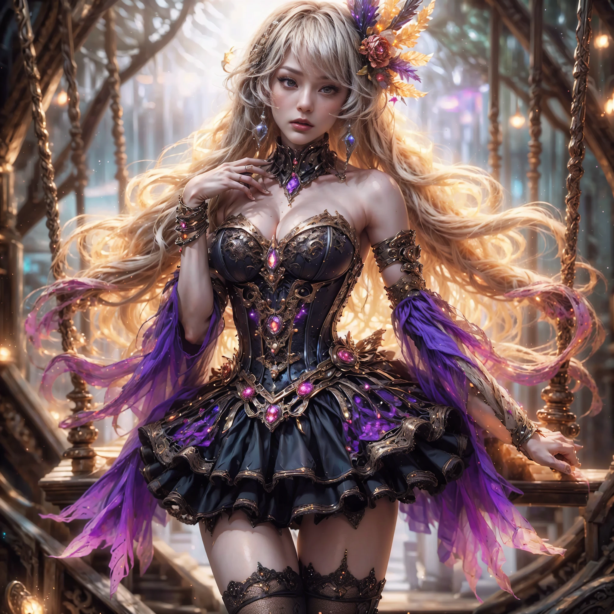 An asian woman with loose hair, standing on the stairs in the middle of a magical atmosphere, with a predominantly black and purple costume, a strapless corset-style dress decorated with bright purple jewels, a short tutu skirt, black thigh-high stockings with lace tops and ornaments purple jewels, white high heels with gold decoration, grand staircase background under mysterious sky full of stars and celestial bodies, crystal detailed, hyper realistic, hyper detail Transparent clothing, Detailed gemstones, masterpiece, best quality:1.2),,(8k,highres,RAW photo,realistic,photo-realistic:1.3),(detailed skin texture,detailed cloth texture, beautiful detailed face:1.25),professional lighting,photon mapping,beautiful soft light,radiosity,physically-based rendering,raytracing, model shoot style, model shoot style, (extremely detailed CG unity 8k wallpaper), full shot body photo of the most beautiful artwork in the world (NSFW), (Nude), (Naked), (Nipple) (pussy) (small pussy) (exposed pussy) (Navel)