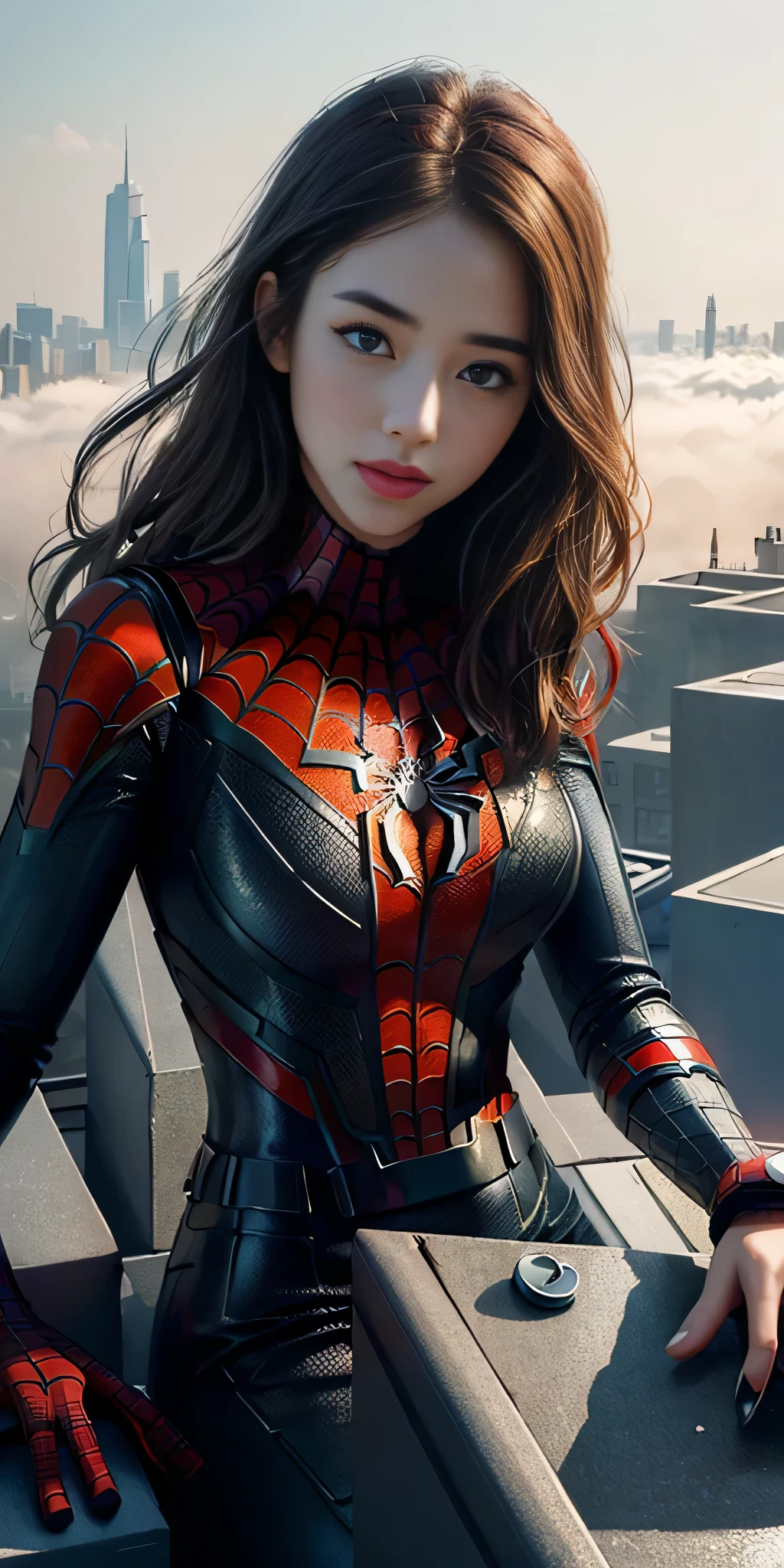 (1girl:1.3), Solo, (((Very detailed face)))), ((Very detailed eyes and face)))), Beautiful detail eyes, Body parts__, Official art, Unified 8k wallpaper, Super detailed, beautiful and beautiful, beautiful, masterpiece, best quality, original, masterpiece, super fine photo, best quality, super high resolution, realistic realism, sunlight, full body portrait, amazing beauty, dynamic pose, delicate face, vibrant eyes, (from the front), She wears Spider-Man suit, red and black color scheme, spider, very detailed city roof background, rooftop, overlooking the city, detailed face, detailed complex busy background, messy, gorgeous, milky white, highly detailed skin, realistic skin details, visible pores, clear focus, volumetric fog, 8k uhd, DSLR, high quality, film grain, fair skin, photo realism, lomography, futuristic dystopian megalopolis, translucent