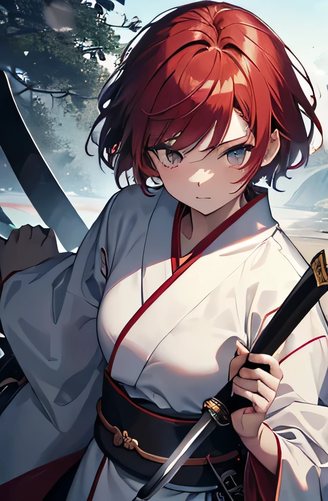 highest quality, masterpiece, pastel, Fair skin, slim, nice, One girl, Battle Scenes, captain, Samurai of the future, Japanese Samurai Girl, Red Hair, I々has, Wearing a white kimono and a black cloak,Short Hair, Holding a sword, Holding a sword