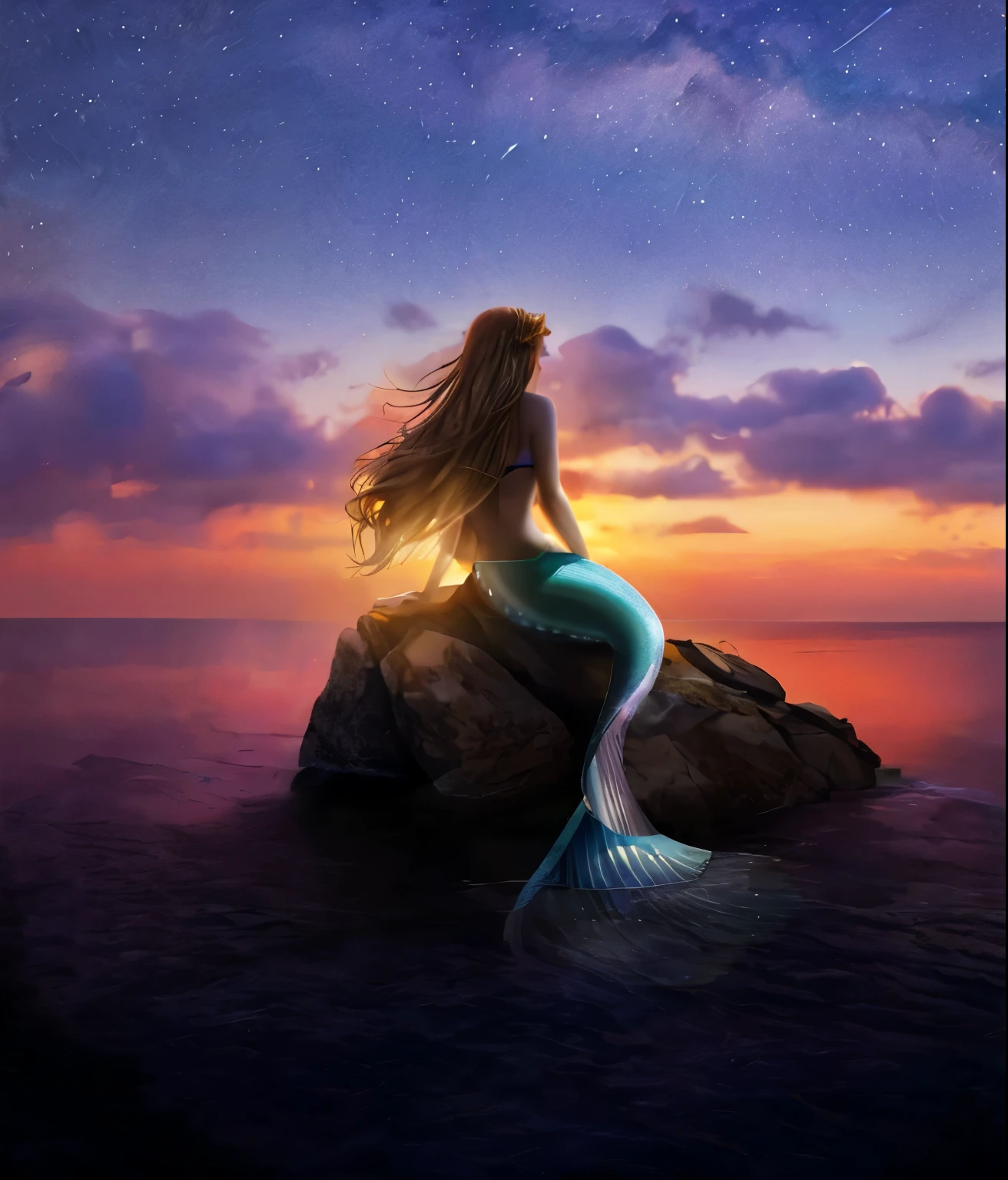 Mermaid sitting on a rock in the sea at sunset, beautiful Mermaid, Mermaid, Beautiful digital art作品, Mermaid in the distance, a Mermaid in the sea, Alexander Kucharsky, リトルMermaid, Goddess of the Sea, Beautiful digital art, Goddess of the Sea, Portrait of a Mermaid, Amazing photo, Very beautiful photos, Mermaid tail, Beautiful depiction, リトルMermaid