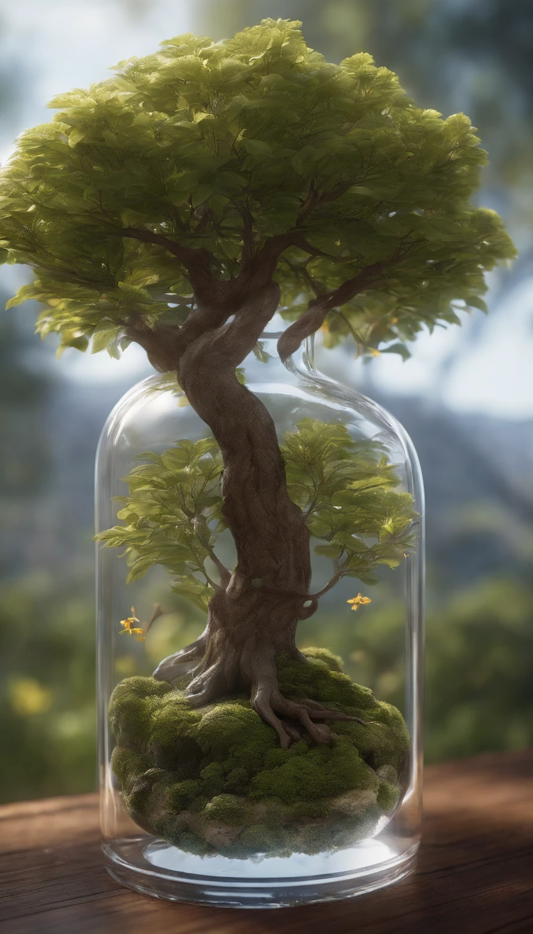 A dreamy art tree in a bottle, fluffy, realistic, photographic, canon, dreamy, artistic, splendid leaves and branches with flowers above its head. Greg Rutkowski's Ultra Detailed Photo Realism - H1024W 804 | F16 Lens Markers 2:2 S 35555 mm Film Particles: 1 Realistic High Resolution Sharp Focus Contrast!! The intricate and detailed atmospheric refractive lighting in Octane, Unreal Engine 5's cinematic concept cinematography masterpiece, presents the trend of CGSociety
