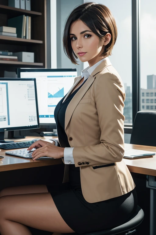 Create an image of a pretty brunette 30 year old girl with short hair, con blazer beige y camisa celeste, executive sitting in her chair in front of the camera, escritorio ejecutivo con tres monitores modernos, back ground con cuadro surrealista de formato grande , cortinas modernas en ventanas corredizas, moderate lighting in elegant office, hiperrealista, HD 4k vivid colors