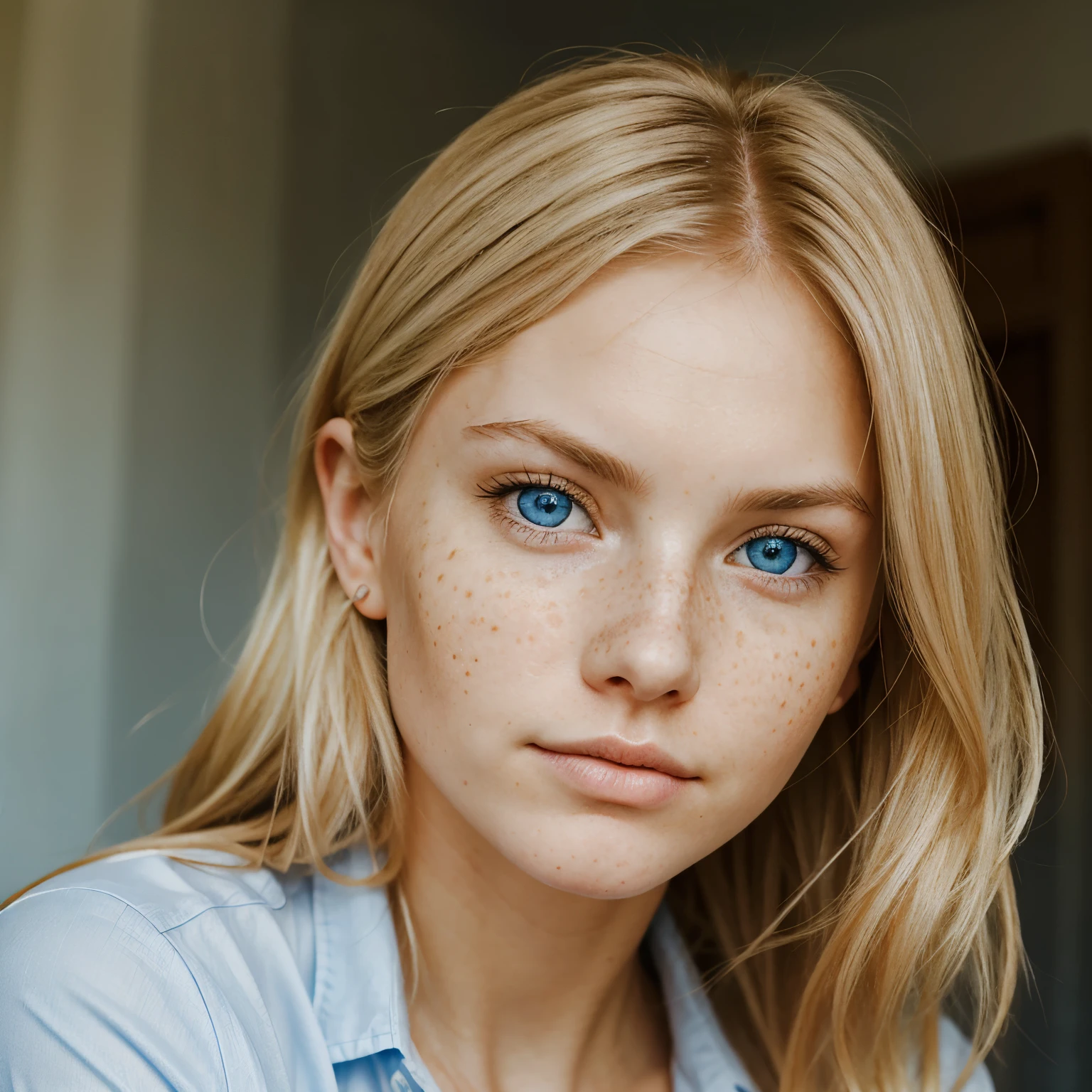 Realistic photo of a blonde girl, adult woman with white skin, Russian influence, freckles, light blue eyes, angular face, slightly wavy hair, with a serious but somewhat compassionate expression, and lightly made up in a natural style