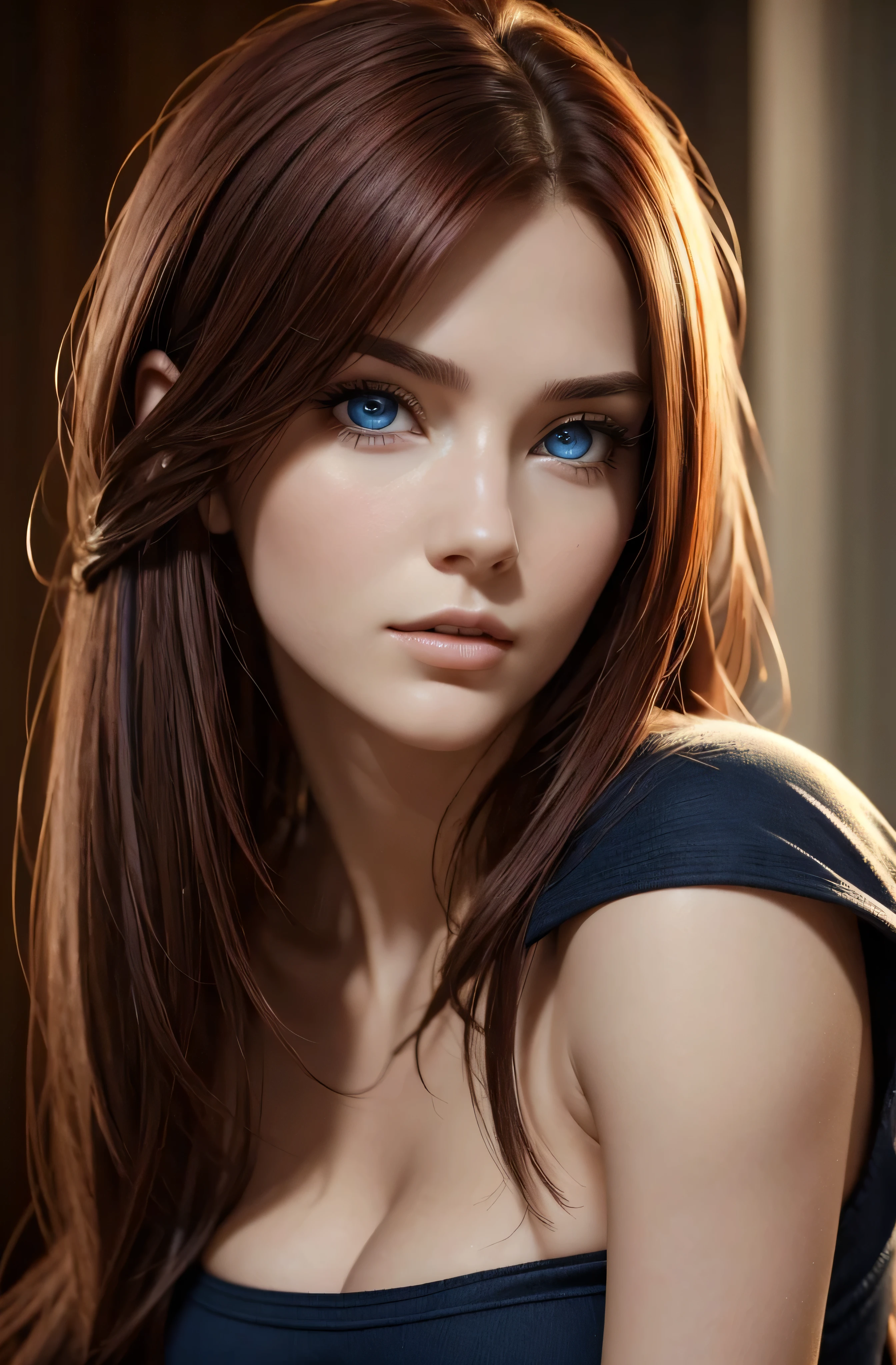 high quality fingers, normal hands, detailed fingers,masterpiece, (realistic, photo-realistic:1.37), (22 years old woman), katarina from league of legends, medium breast, small waist, dark red hair, blue eyes, beautiful face, perfect illumination, beautiful detailed eyes,looking at viewer, stunningly beautiful woman, detailed hairstyle, detailed background,shorts, detailed fantasy background, (sweat:1), close-up, portrait, clear face