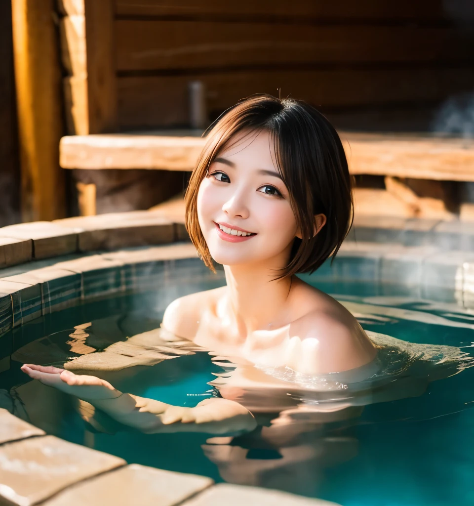 highest quality、8k、Ultra-high resolution、Clear photos、Professional Lighting、pretty girl、Baby Face、Round face、Round eyes、Very short hair、smile、Big Breasts、Very slim、Tight waist、Hot Springs Inn、Standing in an indoor hot spring、Hide the udder with your hands、Full of steam、Warm Light