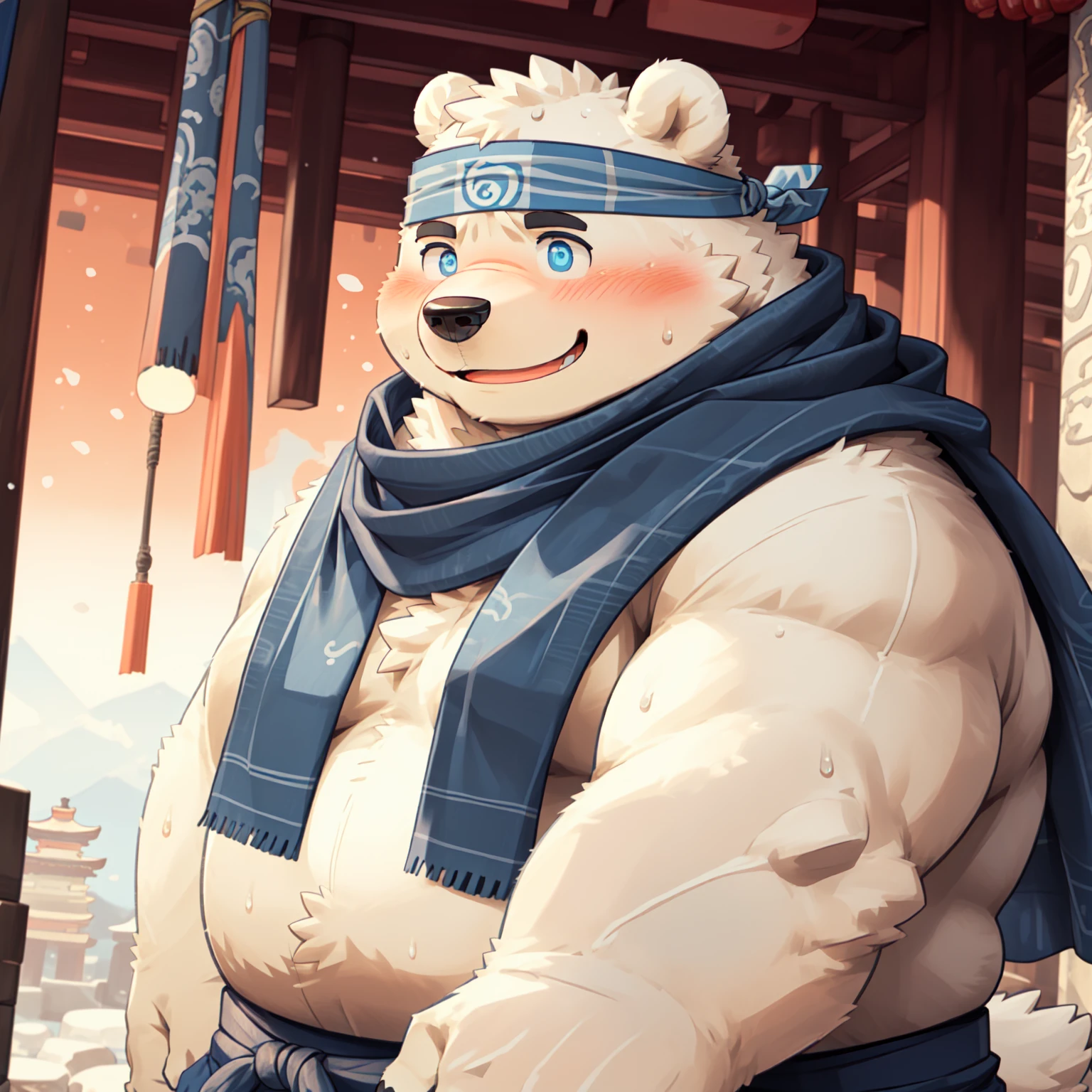 New Jersey 5 Furry,polar bear,Solitary,Chubby,Fat,Thick arms,Rugged muscles,(White plush fur),Chubby脸,Black eyebrows,Sky blue eyes,(Japan samurai attire),((blue scarf)),((brown headband)),(blush:1.1),(happy eyes:1.2),blush,Smile,Sweating,Temple Background,8K,(high quality),(Ultra high quality),(Super detailed)