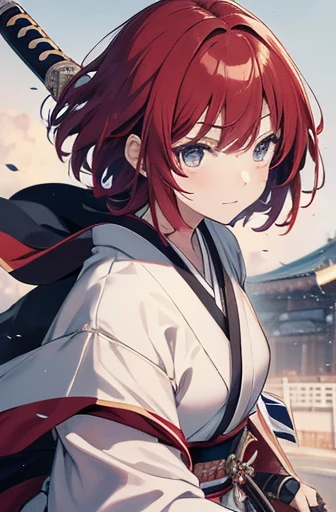 highest quality, masterpiece, pastel, Fair skin, slim, nice, One girl, Battle Scenes, captain, Samurai of the future, Japanese Samurai Girl, Red Hair, I々has, Wearing a white kimono and a black cloak,Short Hair, Holding a sword, Holding a sword