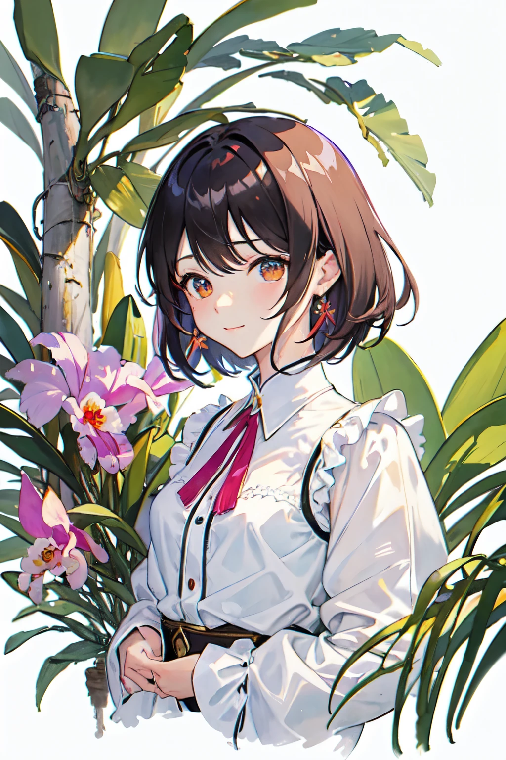 (highest quality、High resolution、masterpiece)、4K Anime Art、((Cattleya, alone, Three Flowers, close, whole body, full bloom, ))、(Portrait、Upper Body、front)、(woman、20-year-old、Cattleyaの花を手に持つ、Short Hair、A kind smile、Small breasts)、Soft Focus、((Sargent-style watercolor))、((White Background))、(No background)、Blur the background、
