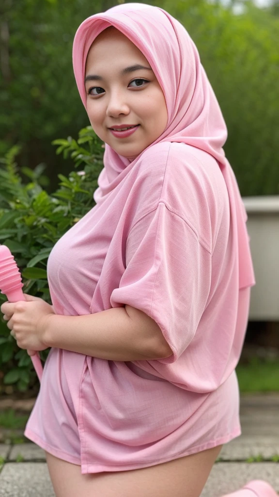 Raw, best quality, masterpiece, Ultra-realistic, ultra-detailed, Malay girl in maroon hijab, holding dildo toys, moaning deliciousness face, super wet body, wearing bath towel,  big breasts, plump body,  thick body, portrait photography, mid shot photo, ultra detail, professional photograph with professional lighting, smile, pink and red studio background, sexy seducing pose, kneeling and sticking body, off dress, watching from behind 