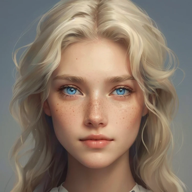 a blonde girl, adult woman with white skin, Russian influence, freckles, light blue eyes, angular face, slightly wavy hair, with a serious but somewhat compassionate expression, and lightly made up in a natural style