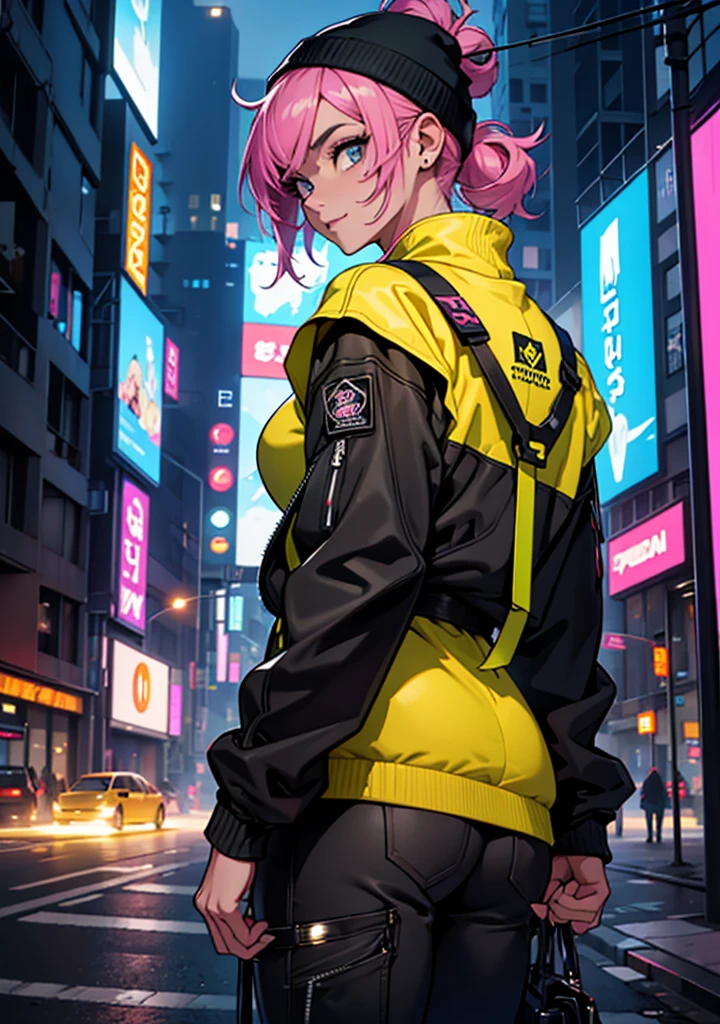 Uma personagem de cabelo rosa. Pele parda. His eyes are a deep dark gray. Ela aparenta ter cerca de  anos de idade, a balance between youth and maturity.

Ela veste uma roupa escura com um estilo marcadamente cyberpunk, adornada com luzes de neon amarelas que percorrem os contornos de seu traje, providing an electric and futuristic contrast.

 the girl has her back to the camera, but her face is slightly turned towards the observer, allowing a glimpse of your expression. 

Em suas costas, ela carrega uma mochila escolar de cor marrom escuro, decorada com a estampa de um emoji amarelo sorridente, adicionando um toque de personalidade e jovialidade ao seu visual. 

The scenery around you is a high-tech urban environment, a cyberpunk environment that captures the essence of large metropolises. The skyline is filled with tall buildings with holographic billboards displaying advertisements for McDonald&#39;s and Motorola, cujas luzes de neon brilham intensamente, reflecting the busy and technological life of the city.