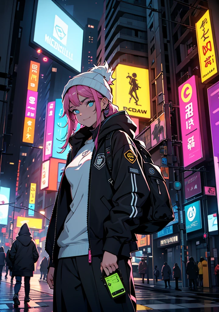 Uma personagem de cabelo rosa. Pele parda. His eyes are a deep dark gray. Ela aparenta ter cerca de 15 anos de idade, a balance between youth and maturity.
Ela veste uma roupa escura com um estilo marcadamente cyberpunk, adornada com luzes de neon amarelas que percorrem os contornos de seu traje, providing an electric and futuristic contrast.
the girl has her back to the camera, but her face is slightly turned towards the observer, allowing a glimpse of your expression.
Em suas costas, ela carrega uma mochila escolar de cor marrom escuro, decorada com a estampa de um emoji amarelo sorridente, adicionando um toque de personalidade e jovialidade ao seu visual.
The scenery around you is a high-tech urban environment, a cyberpunk environment that captures the essence of large metropolises. The skyline is filled with tall buildings with holographic billboards displaying advertisements for McDonald's and Motorola, cujas luzes de neon brilham intensamente, reflecting the busy and technological life of the city.