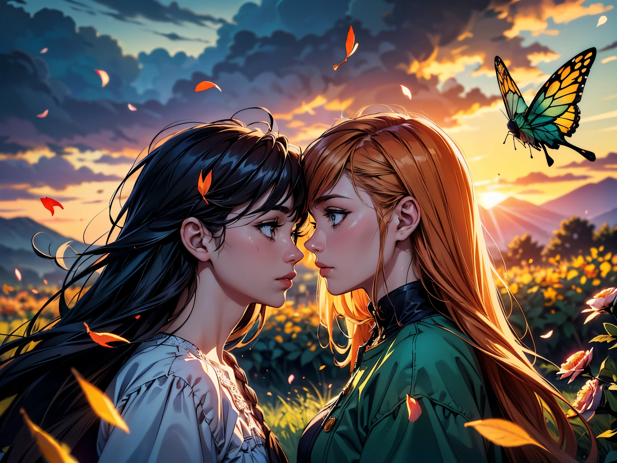 fantasy art, masterpiece, (ginger girl ,guy, story love, looking at each other:1.2), (detailed eyes, detailed hair,cute,perfect face, detailed face), (absurdly long hair, detailed hair) , (dark sky, dark clouds, sunset:1.2),(backlight, dappled sunlight,blurry foreground), (dynamic , action-packed , thrilling , fantastic realism), ((intricate details, pattern)),(falling leaves, petals, flowers:1.2), birds, butterflies,
(best quality, masterpiece),