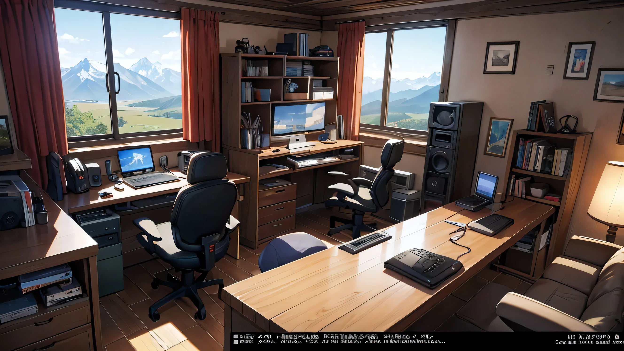 StreamerRoomz, indoors, no humans, window, chair, fire, scenery, desk, mountain, computer, monitor, keyboard , (computer), speaker, mouse , (computer), masterpiece, official art, best quality