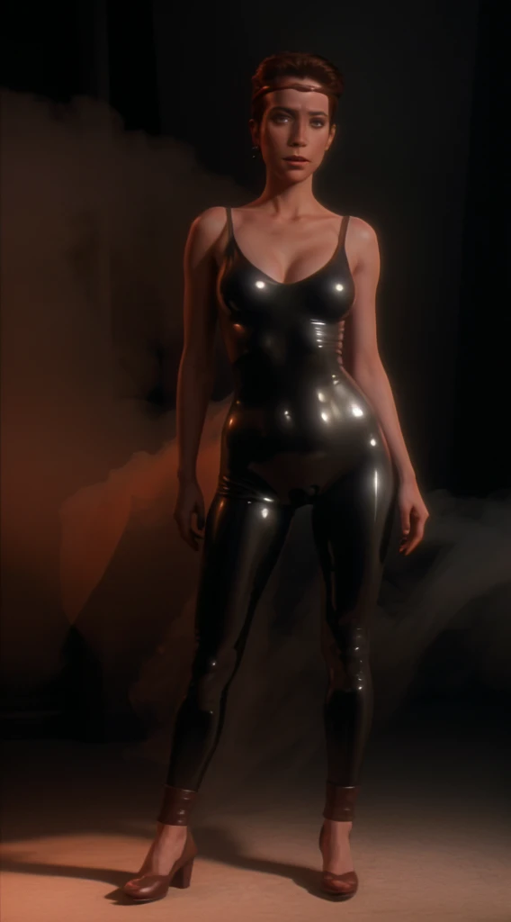 kiranerys, mirrakira , shiny bodysuit, headband, (fog:1.4), hand on hip, smug, seductive, latex pants, science fiction, (red side light), cinematic still of a stunning woman, detailed, sharp focus, dramatic, award winning, octane render, unreal engine, volumetrics dtx, )