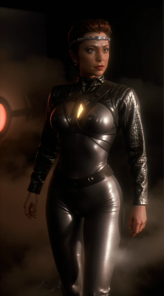 kiranerys, mirrakira , shiny bodysuit, headband, (fog:1.4), hand on hip, smug, seductive, latex pants, science fiction, (red side light), cinematic still of a stunning woman, detailed, sharp focus, dramatic, award winning, octane render, unreal engine, volumetrics dtx, )