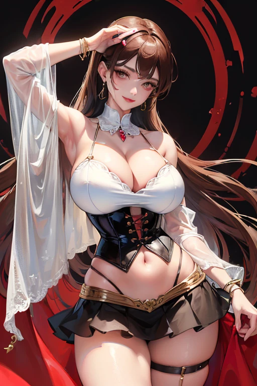 (accurate body depiction), (big breasts: 1.6), short and very transparent mesh corset with random collars, short and very transparent mesh skirt with random collars, exposed thighs, beautiful woman with high hips, big eyes, brown eyes, bright makeup, red lipstick, dark fantasy, long dark hair, beauty marks, bright eyes, queen, dark background, bokeh, collarbone, navel, ((extra large glamor)), (masterpiece, highest quality), illustration, 8k highly detailed and realistic, sharp focus, highly detailed ham, professional Lighting, nice details, intricate details, attractive girl, various bold AV model poses, smiling smile, anticipation, realistic high-definition, soft lighting, open legs, solo, lifted hips, glowing skin, (detailed face), jewelry, large Beautiful necklaces, beautiful bracelets, sharp focus photos (absolutely no bad fingers or bodies).