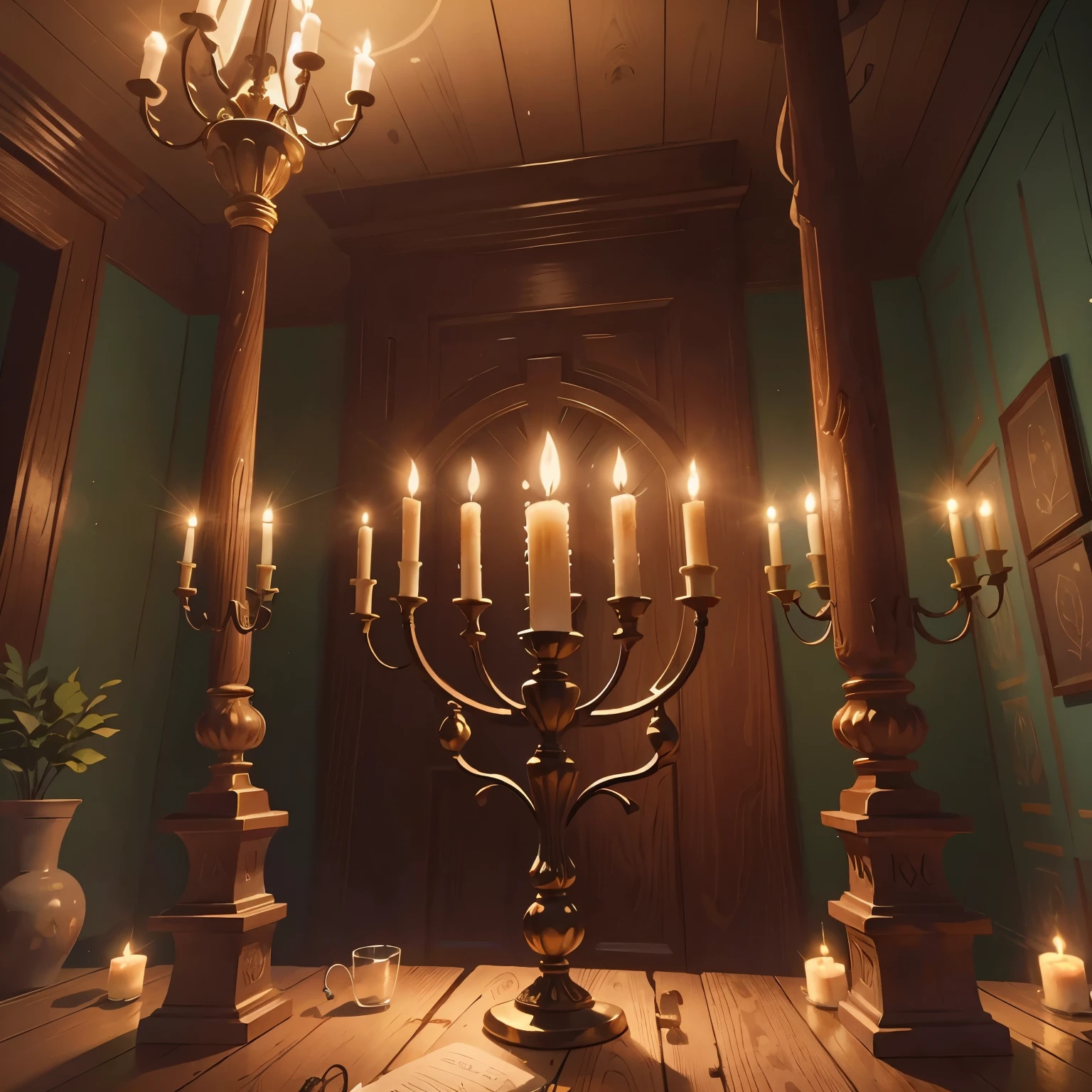 menorah, un candelabro de siete brazos que se describe en la Biblia hebrea (agrega una luz mas al candelabro y personas)