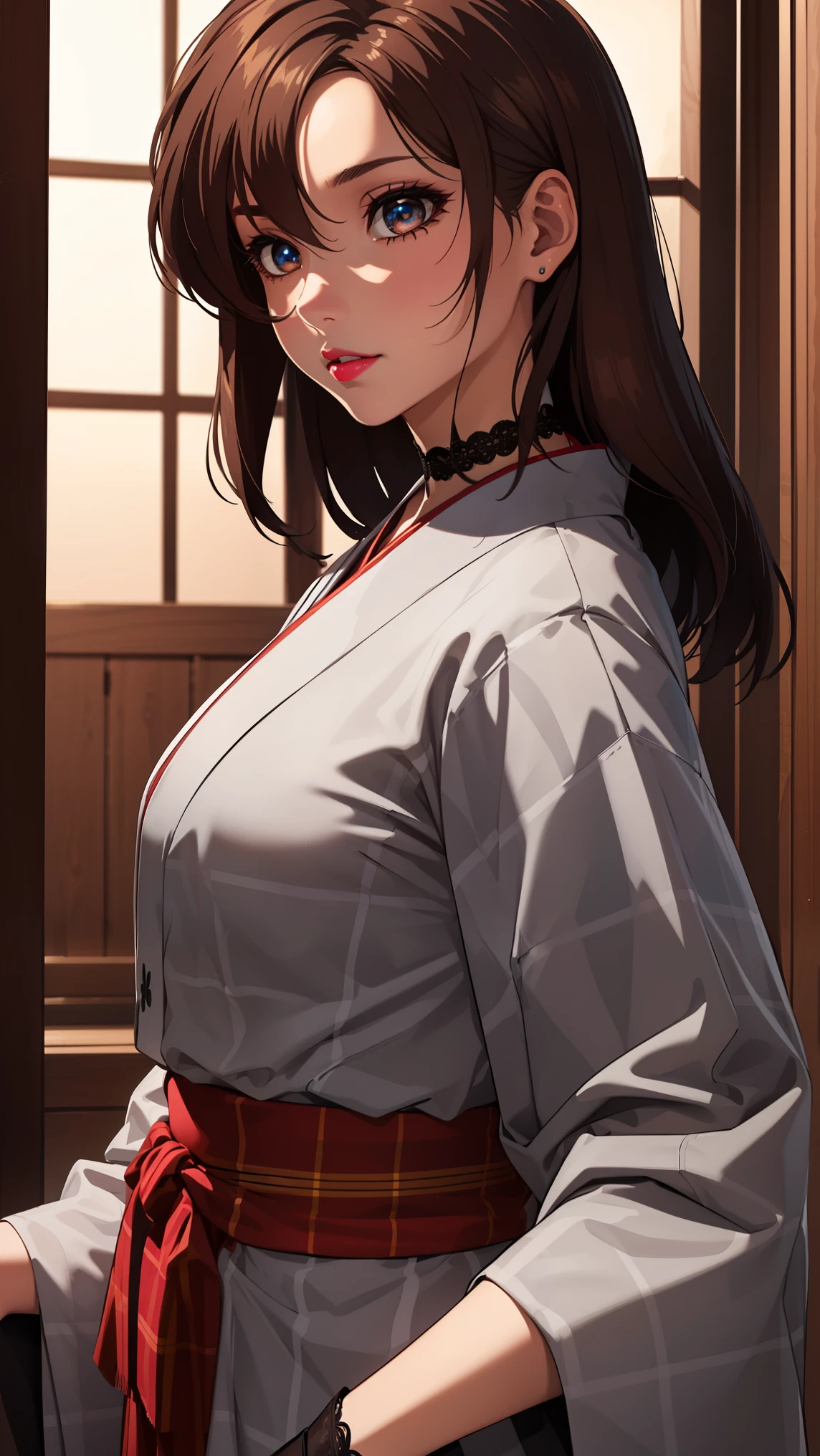 bangs,brown_hair, long_hair,red eyes,lipstick,makeup,
BREAK (lace choker, plaid, japanese clothes, (checkered kimono:1.1), wide sleeves, fishnet gloves, hakama skirt:1.2)
BREAK crotch rope walking, (beads:1), from side, shibari, arms behind back,
BREAK (masterpiece:1.2), best quality, high resolution, unity 8k wallpaper, (illustration:0.8), (beautiful detailed eyes:1.6), extremely detailed face, perfect lighting, extremely detailed CG, (perfect hands, perfect anatomy),