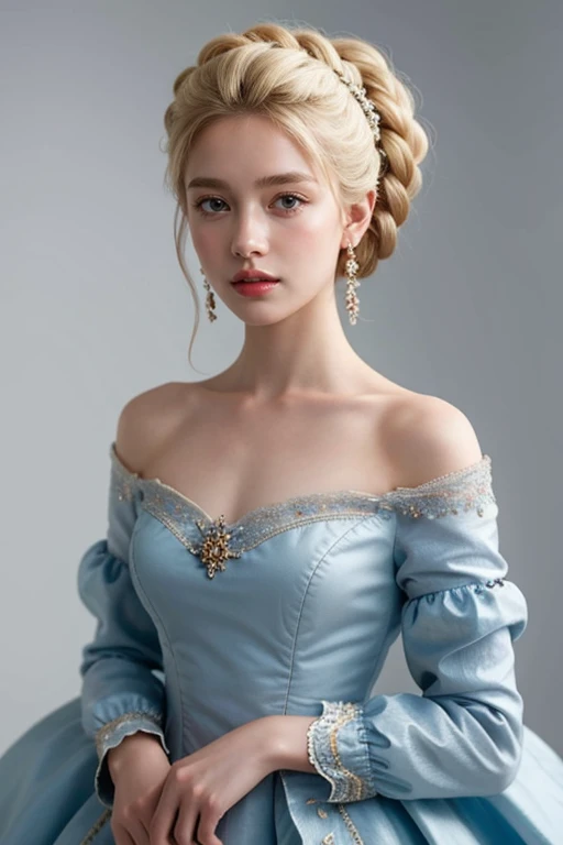 8K, ultra hd, masterpiece, very realistic, 1 girl, elegant, ornate, accessories, beautiful and colourful 18th century British dresses, 4 dresses, 18th century British girl, radom hairstyles, 4 hairstyles, blonde hair, blue eyes, perfect lips, icy eyes, no smile but elegant ,very detailed face and skin, best quality 