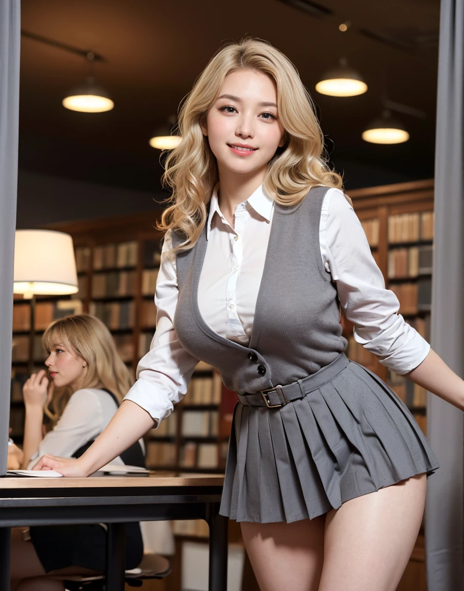(((neat woman,Bright-eyed excitement,kind big smile,blush,blush,red cheek,please touch me,tempting viewer,i want you))),(kneeling,uniform lift),((((blush,red cheek,sweat)))),(cinematic lighting), (Photo real:1.4)、(A hyper-realistic:1.4)、(Photorealistic:1.3)、 (gentle lighting: 1.05)、(Improve the lighting quality of your video:0.9)、 32k、25years old woman、photorealistic lighting、Back lighting、Facial Lights、Ray Trace、(bright:1.2)、(Increase quality:1.4)、 (best quality real texture skin)、Fair eyes,delicate face、 Close-up of the face,  ((Wearing the beige knit stewardess uniform,beige knit stewardess,midium skirt,navy panties,high-heel),(Bodyline mood improvement:1.1)、Glossy skin、Korean Idol、Nogizaka Idol、good figure,perfect anatomy,Beautiful actress,(((beautiful large breasts,underboob,slender waist,slender hip,long slender legs,8heads tall))),(((8heads tall))),(((blonde wavy hair,curtain bangs))),(((in the beautiful modern office of library,super clean night view,in the night))),