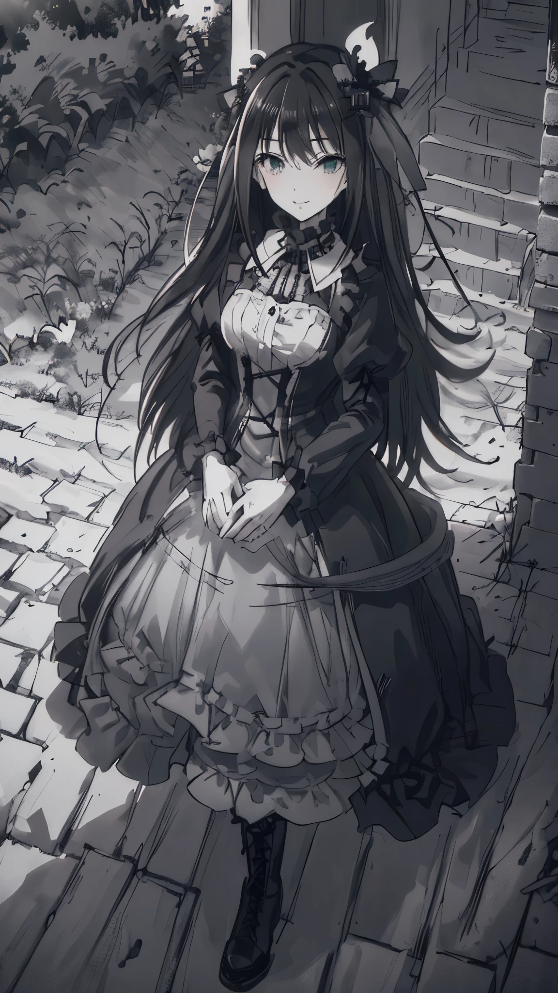 (((Top quality ultra detail,Unity 8k))),,(((grayscale,Black and White))),(Gothic ****ta:1.2),long dress,Lace-up boots,smile,Wide Shot,((Outdoor)),Various poses,rin shibuya