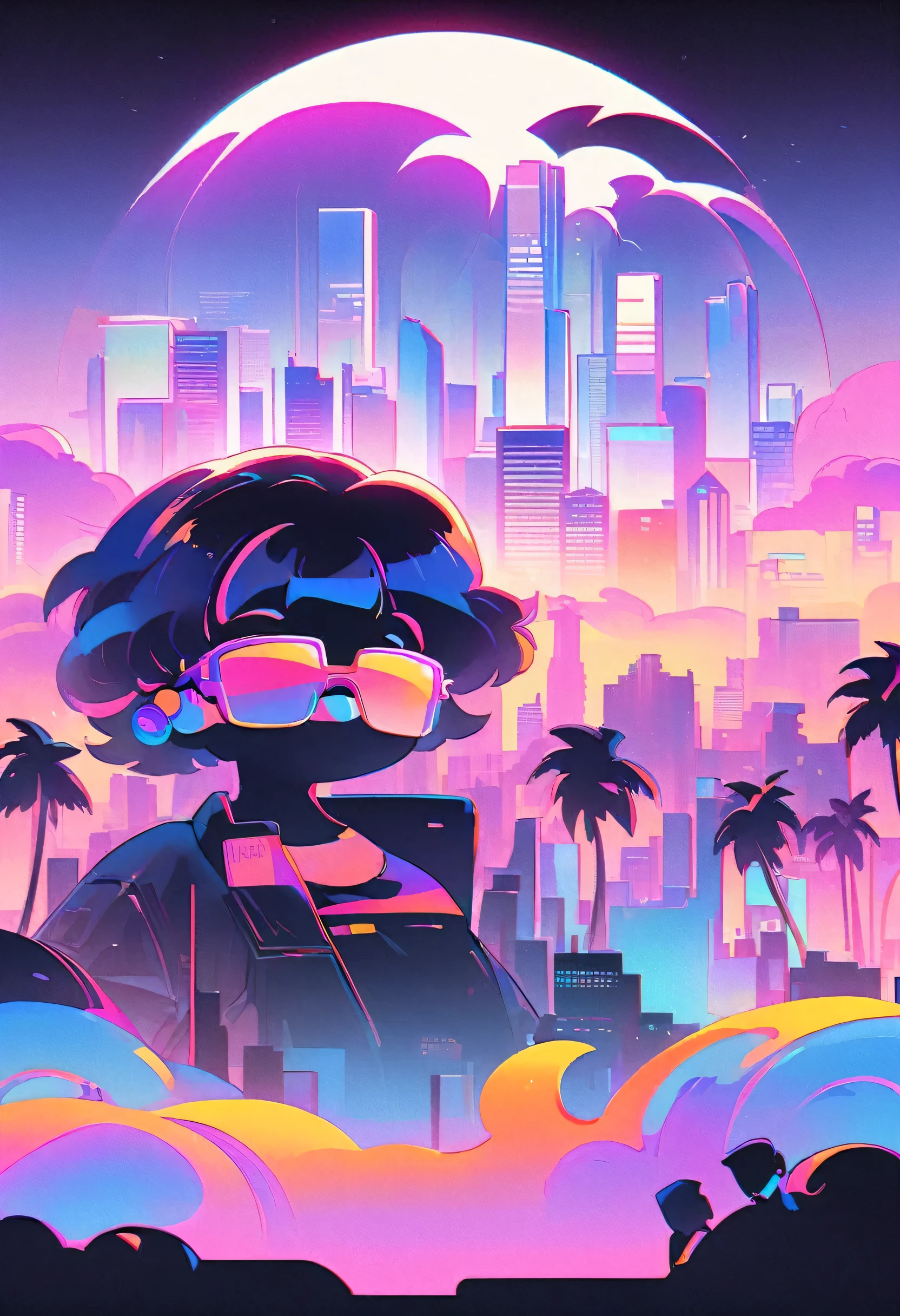 Create a retro wave T-shirt design featuring the following elements:
1. **Background**: Gradient sunset with neon pink, purple, and orange hues.
2. **Palm Trees**: Black silhouettes of palm trees on either side.
3. **City Silhouette**: Black silhouette of a cityscape at the bottom center.
4. **Text**: Bold, 80s-style sans-serif font in white, saying "RETRO WAVE" at the top center.
5. **Overall Style**: 1980s retro wave aesthetic with vibrant colors and a nostalgic feel.
Ensure the design is visually balanced, with the text and graphics harmoniously integrated.