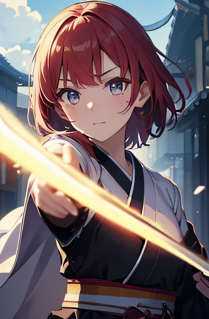 highest quality, masterpiece, pastel, Fair skin, slim, Nice, One Girl, Battle Scenes, captain, Samurai of the future, Japanese Samurai Girl, Redhead, I々Have, Wearing a white kimono and a black cloak,short hair, Holding a sword, Holding a sword