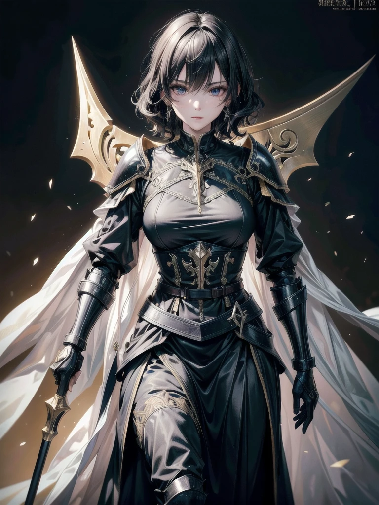 paladin, scythe, Heavy armor, absurdres, RAW photo, extremely delicate and beautiful, masterpiece, Best Quality, ultra high resolution, 32k, hyperrealistic, ultra-detailed, detailed description, pale skin, 20 years old, tearful mole, earring, short medium hair, wavy hair, whole body shot,