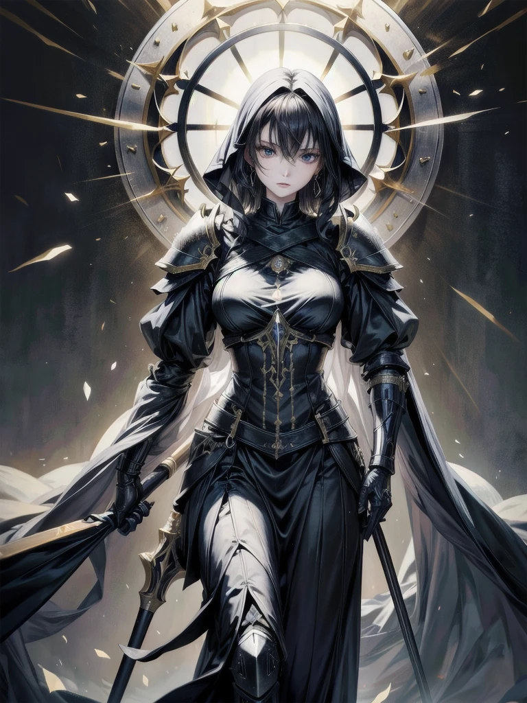 paladin, scythe, Heavy armor, absurdres, RAW photo, extremely delicate and beautiful, masterpiece, Best Quality, ultra high resolution, 32k, hyperrealistic, ultra-detailed, detailed description, pale skin, 20 years old, tearful mole, earring, short medium hair, wavy hair, whole body shot,