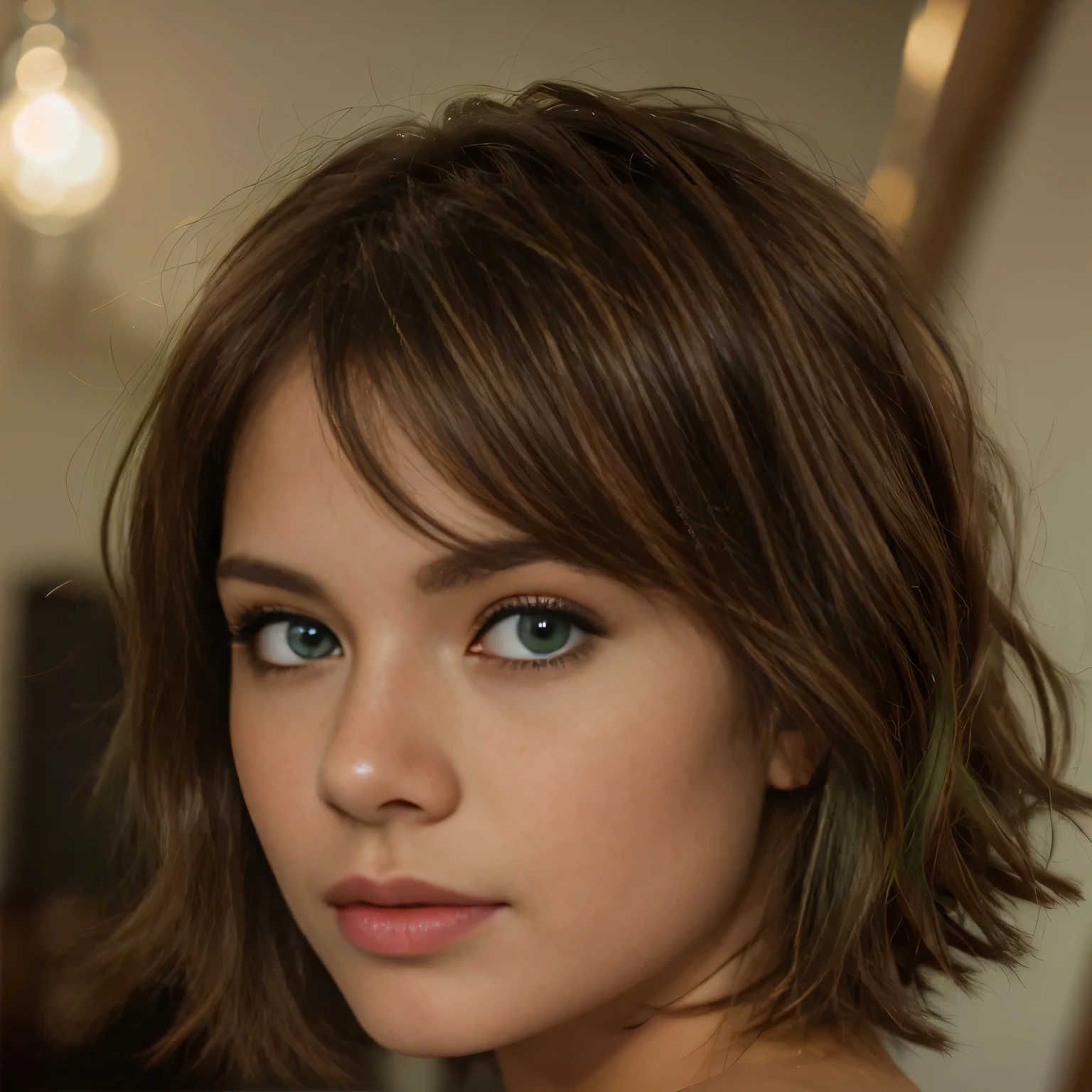 Photo-realistic portrait of Chloe ((an exotic French short-haired brunette beauty with green eyes))