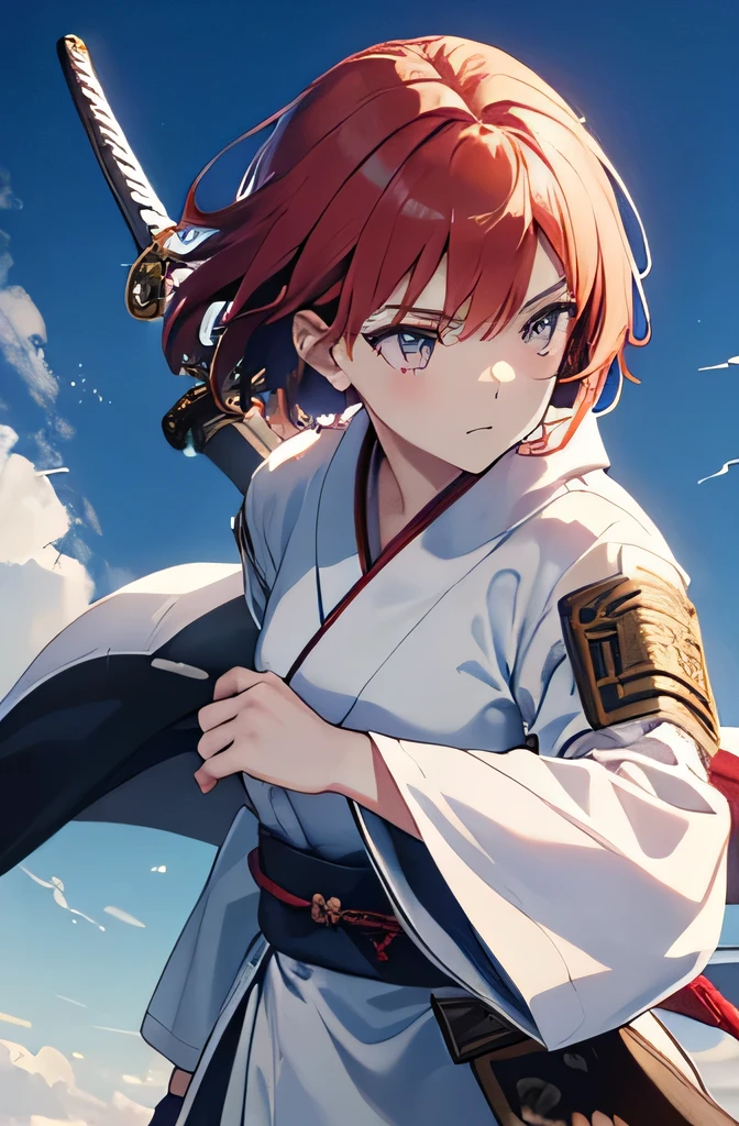 highest quality, masterpiece, pastel, Fair skin, slim, Nice, One Girl, Battle Scenes, captain, Samurai of the future, Japanese Samurai Girl, Redhead, I々Have, Wearing a white kimono and a black cloak,short hair, Holding a sword, Holding a sword