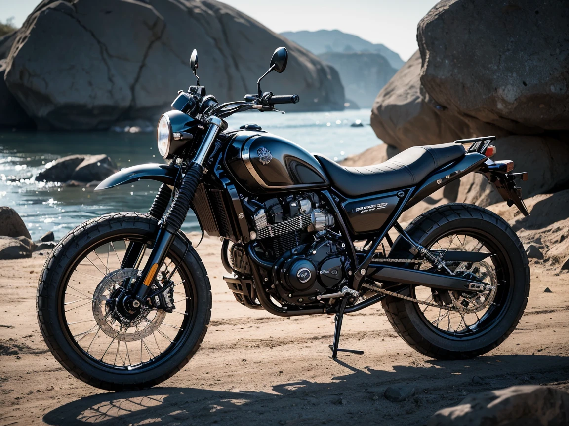 "closeup photography realistic jet black Scrambler motorbike parked in the suburbs on a dirt road next to a large rock by the river,big wheels offroad trail, art photography, perfect lighting, Hasselblad X1D II 50C XCD lens 35-75mm f3.5-4.5"