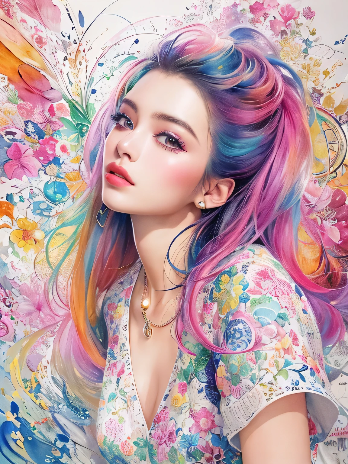 Micho Style、(((stylish fashion))), 8K Quality、Intense watercolor, Detailed watercolor art, Watercolor splash, Surreal, avant-garde pop art, Beautiful and expressive paintings, Beautiful artwork illustration, Very colorful tones, wonderful, Cool beauty, highest quality、Official Art, Vector art, Stylish design, (((The most beautiful girl))), (((highest quality))), HDR, ((detailed)), (((Doodle Art)), ((masterpiece)), ((Super detailed)), (((Stylish))),
