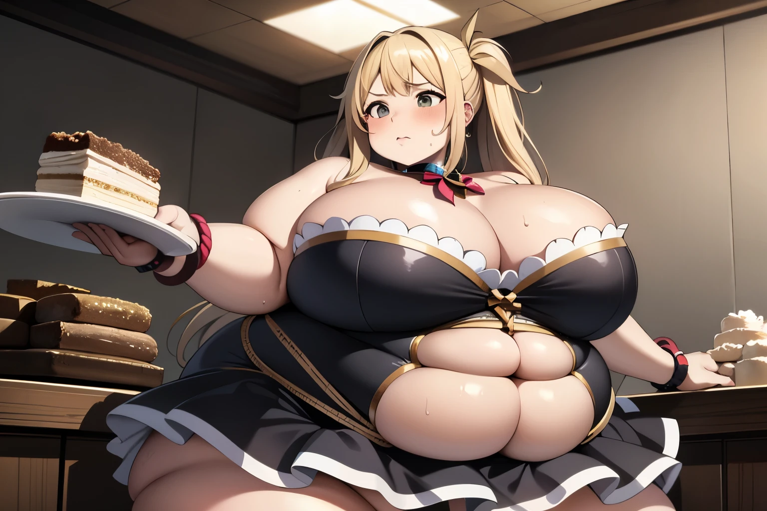 ((highest quality)), ((masterpiece)), (detailed), Perfect Face, Define the body, Big cleavage, Big Hips, massive legs, Overflowing breasts, Fat arms, Underbust, Fat, Xenoblade Chronicles 2 Mithra, extremely obese, ((body tied up with rope)), dark warehouse, angry, blondehair, surrounded by many food, covered in food, Torn clothes, handcuffs, naked, nippls, exposed, sweaty, exposed nippls, Hands tied