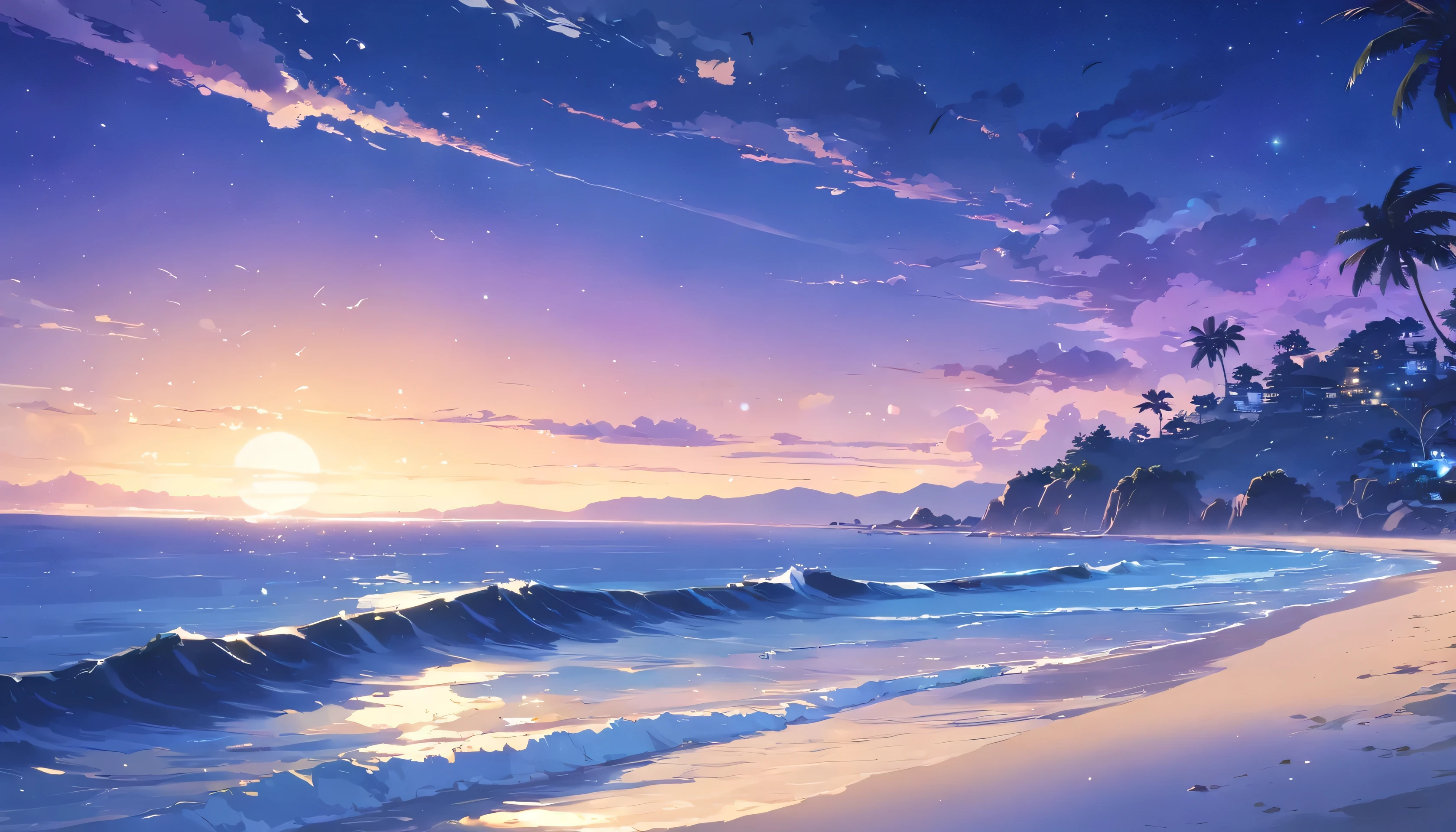(best quality,highres),(realistic:1.37),(landscape:1.2),peaceful beach scene at night,calm waves crashing on the shore,soft moonlight illuminating the scene,sand sparkling under moonlight,gentle breeze rustling the palm trees,silhouette of a lone palm tree in the foreground,starry sky with a few scattered clouds,serene atmosphere with a sense of solitude,distant sound of seagulls echoing in the background,subtle sound of the waves creating a soothing rhythm,dark blue and purple hues dominating the color palette