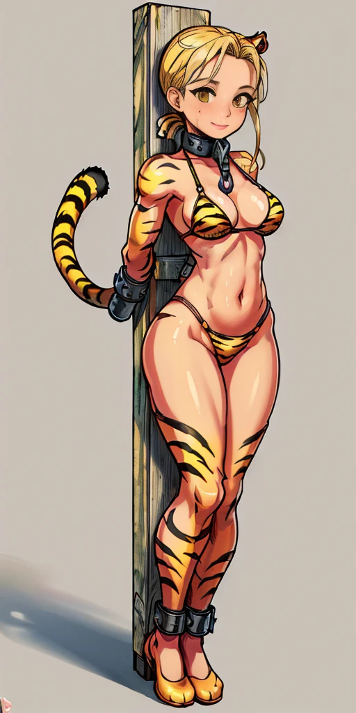 ((Masterpiece, 4k, plain background:1.2)) (handuffed behind her back)) Cammy White Street Fighter full body standing straight symmetrical, standing chained pole bondage sex slave, yellow tiger bikini print, happy closed mouth red cheeks