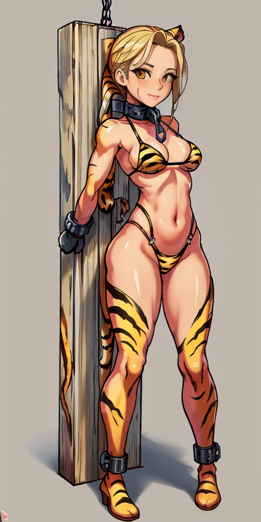 ((Masterpiece, 4k, plain background:1.2)) (handuffed behind her back)) Cammy White Street Fighter full body standing straight symmetrical, standing chained pole bondage sex slave, yellow tiger bikini print, happy closed mouth red cheeks