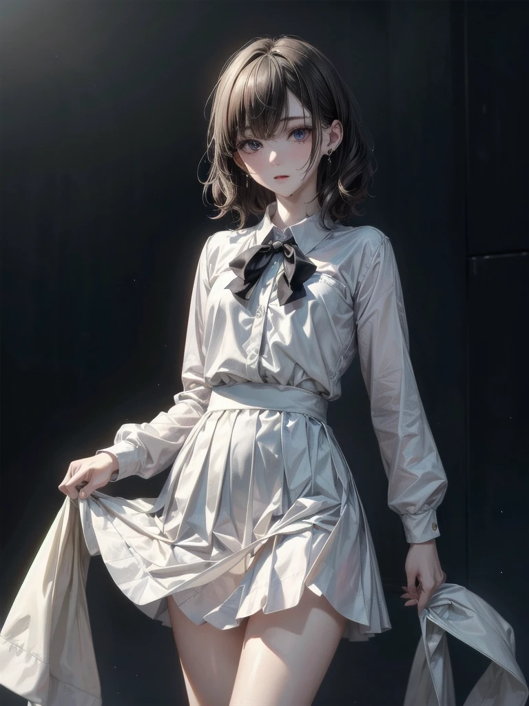 school_uniform, absurdres, RAW photo, extremely delicate and beautiful, masterpiece, Best Quality, ultra high resolution, 32k, hyperrealistic, ultra-detailed, detailed description, pale skin, 20 years old, tearful mole, earring, short medium hair, wavy hair, whole body shot,