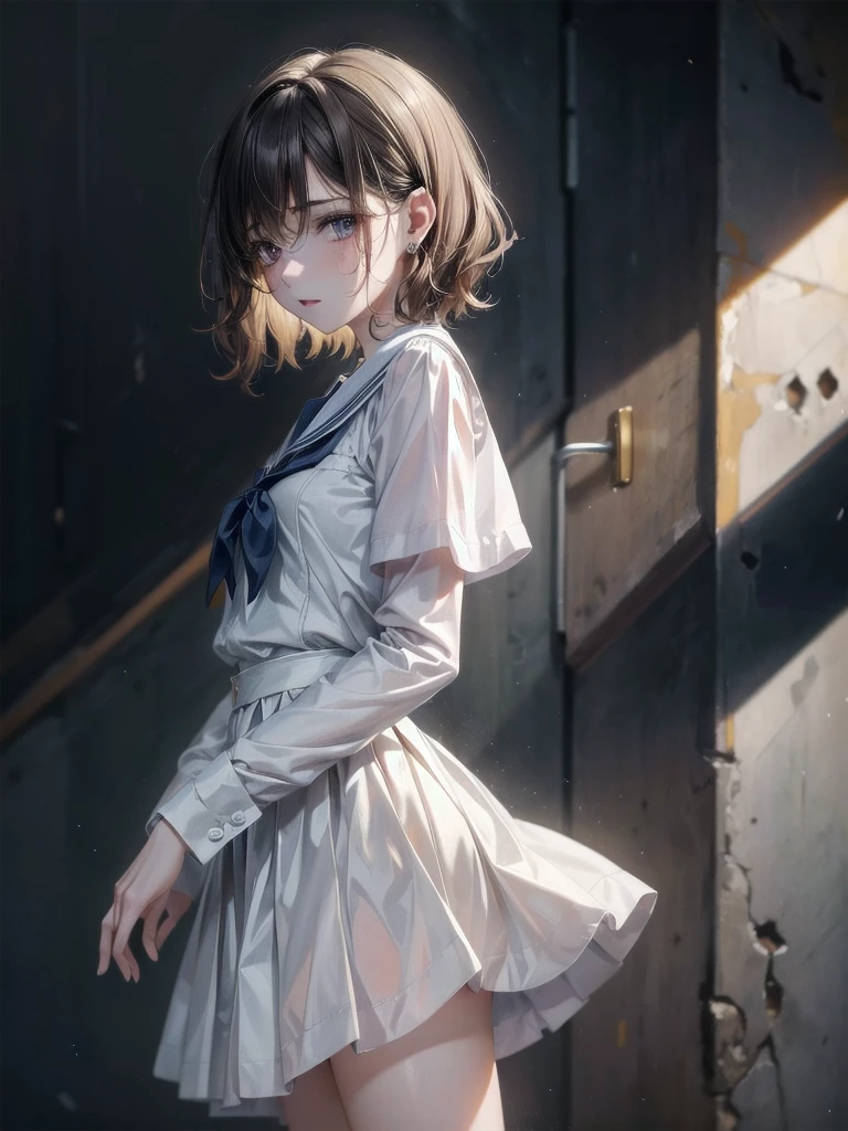 school_uniform, absurdres, RAW photo, extremely delicate and beautiful, masterpiece, Best Quality, ultra high resolution, 32k, hyperrealistic, ultra-detailed, detailed description, pale skin, 20 years old, tearful mole, earring, short medium hair, wavy hair, whole body shot,