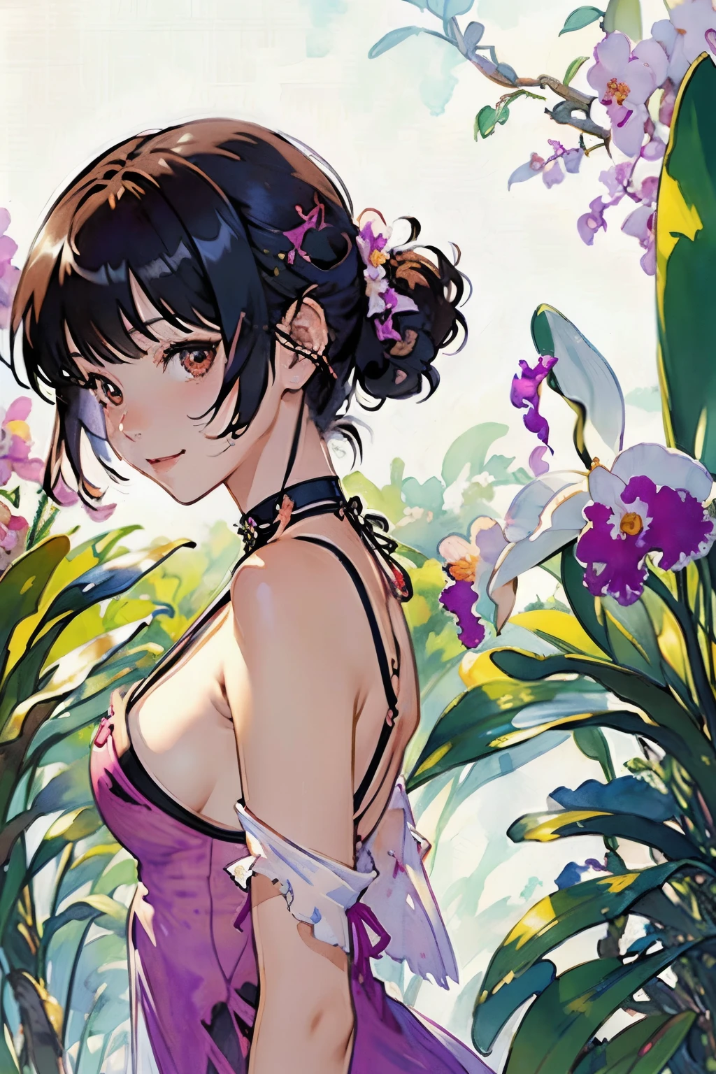 (highest quality、High resolution、masterpiece)、4K Anime Art、((Cattleya, Three Flowers, close, whole body, full bloom, ))、(Portrait、Upper Body、woman、20-year-old、Short Hair、A kind smile、Small )、Soft Focus、((Sargent-style watercolor))、((White Background))、(No background)、Blur the background、
