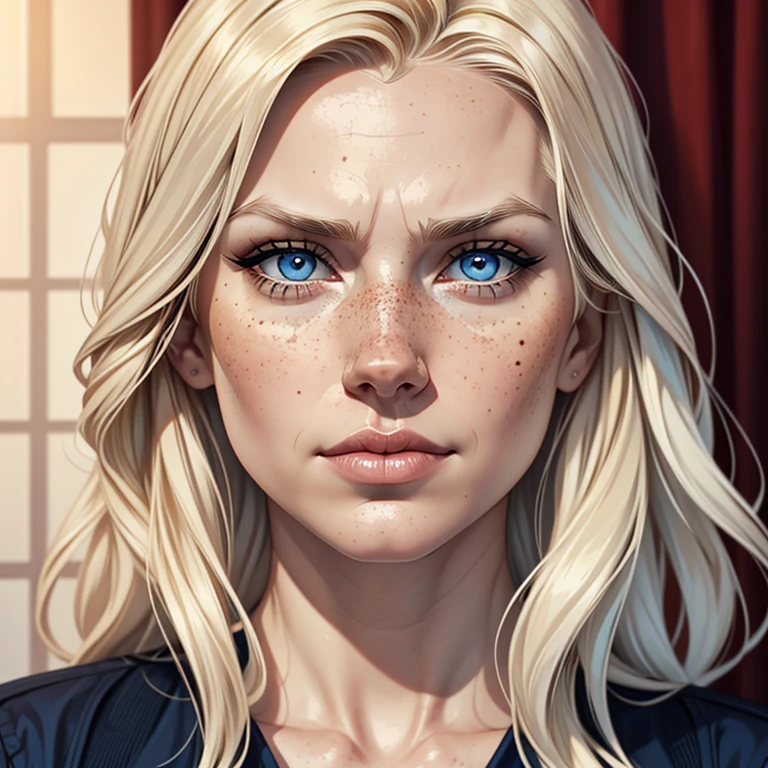 A blonde girl, adult woman with white skin, Russian influence, freckles, light blue eyes, angular face, slightly wavy hair, with a serious but somewhat compassionate expression, and lightly made up in a natural style