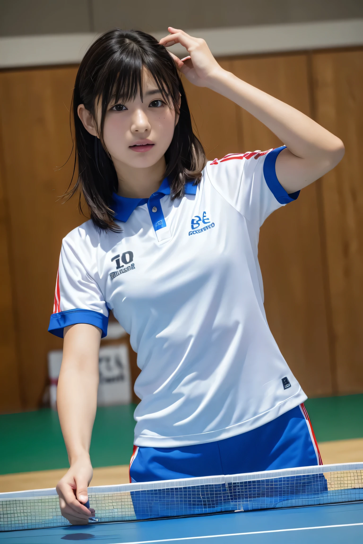 (8k, RAW Photos,highest quality, High resolution:1.1), (Super realistic:1.4),(Realistic, Realistic:1.3),Japanese beauty、Table Tennis Club、Table Tennis Uniform。