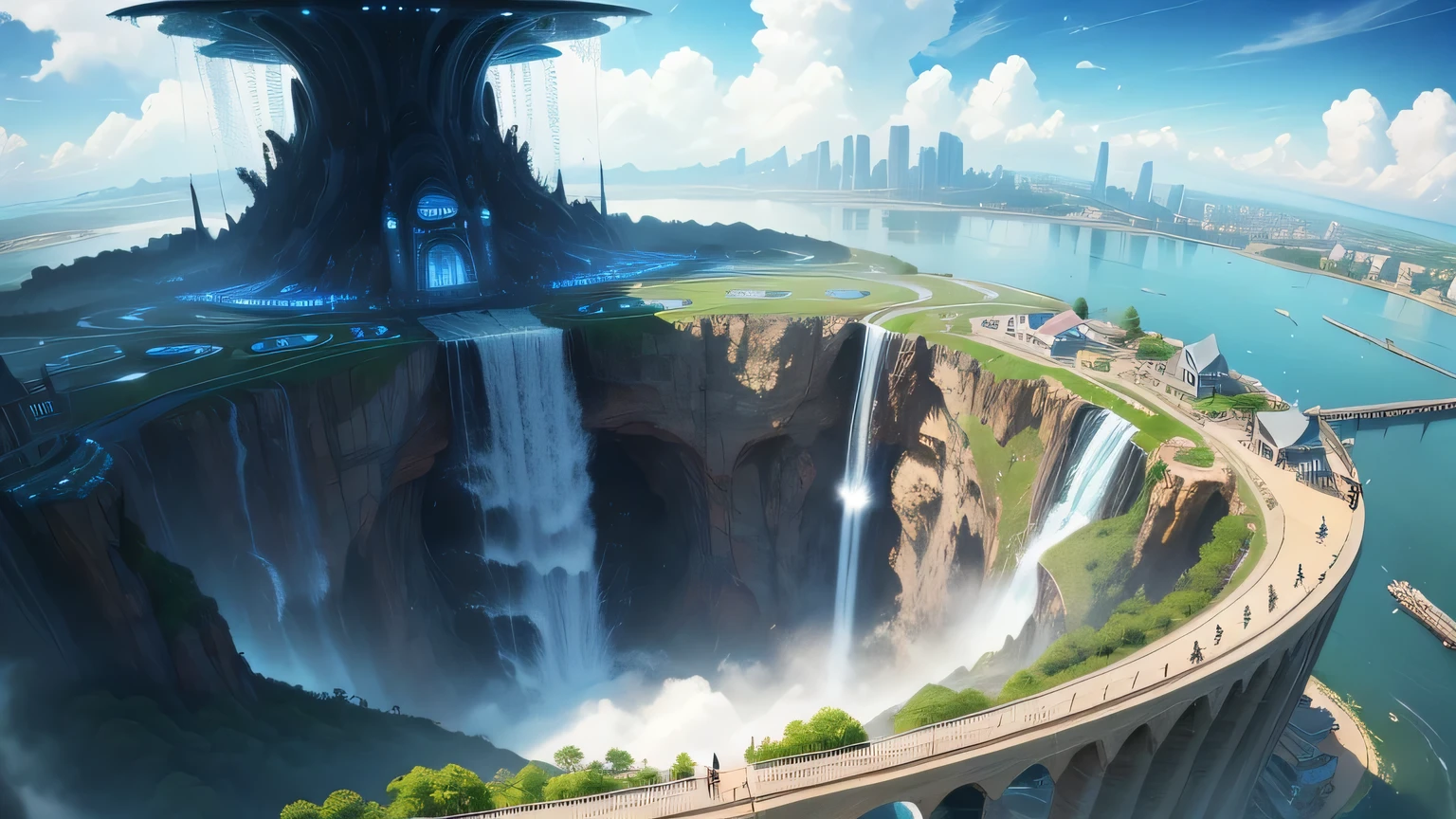Water City、Water World、SFArt of、Fantasy、Future City、Nature、Super huge waterfall、dream、Huge construction、highest quality、masterpiece、Earth、HD Images、Beautiful Future City、Height in the clouds、