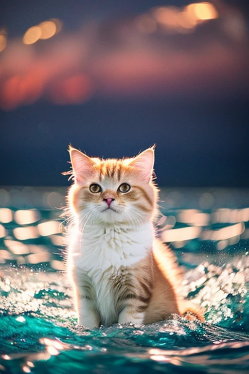 Fluffy cat、The color is a mixture of brown and white、A little smile、Evening sea background with waves、I can see a little bit of space