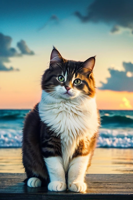 Fluffy cat、The color is a mixture of brown and white、A little smile、Evening sea background with waves、I can see a little bit of space